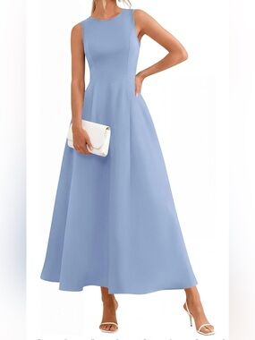 #70 Pretty Garden Sleeveless Light Blue A-Line Maxi Dress with pockets